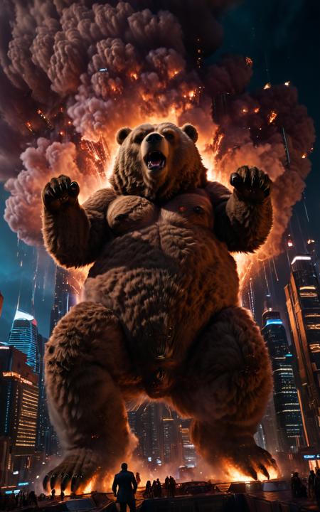 cinematic film still (a massive brown cloud floating over a futuristic city skyline),viewed from ground level,cloud resembling a bear,((masterpiece)),((best quality)),8k,high detailed,ultra-detailed,people looking up in awe,cinematic lighting,sci-fi atmosphere,glowing neon lights,tall skyscrapers,dramatic shadows,cityscape,cyberpunk elements,epic composition,wide-angle shot,(8k, RAW photo, best quality, masterpiece:1.2),realistic,Movie Still,Film Still,Cinematic,Cinematic Shot,Cinematic Lighting,<lora:detailed_notrigger:1>,<lora:xl_more_art-full_v1:1>,<lora:JuggerCineXL2:1>,. shallow depth of field,vignette,highly detailed,high budget,bokeh,cinemascope,moody,epic,gorgeous,film grain,grainy,