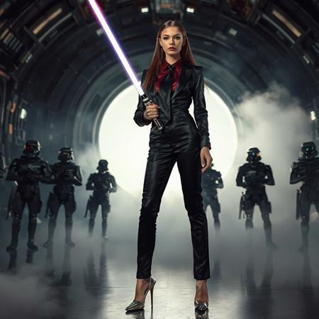 slender arrogant cold femme fatal lady wearing rich luxurious black glossy satin trouser suite, small size opulent glossy high heels, wine red  shirt, black silk tie, jewels, elegant small light saber, posing  standing, giant portal to outer space, fog from the floor, empire spaceship hangar, surrounded by halo odst troopers, fashion look, hollywood, vogue makeup, porcelain skin, long haired, ultrathin waisym reminiscent of H.R. Giger, Zdzisław Beksinski, and Ash Thorp's dark, sleek styles, with close-up glamour photography, glossy satin and silver heels glistening, fleshy slime dripping, and dark shadows.