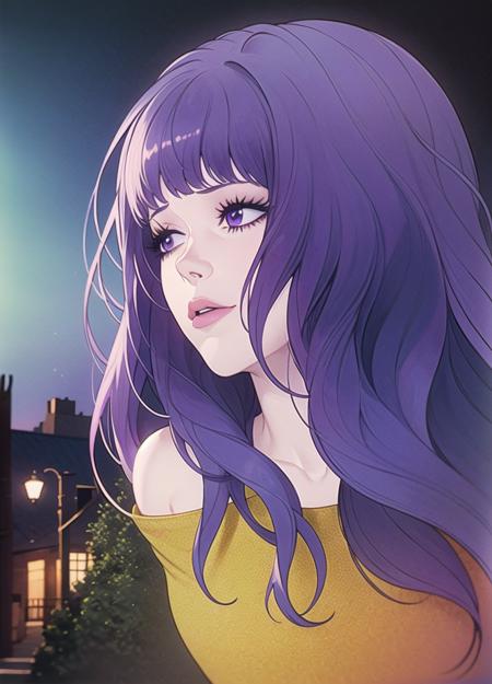 <lora:belladonnasized:0.6> 1girl, jeannabelladonna, solo, bangs, purple hair, street, portrait, (masterpiece, best quality:1.2), award winning, masterpiece, vibrant, volumetric lighting