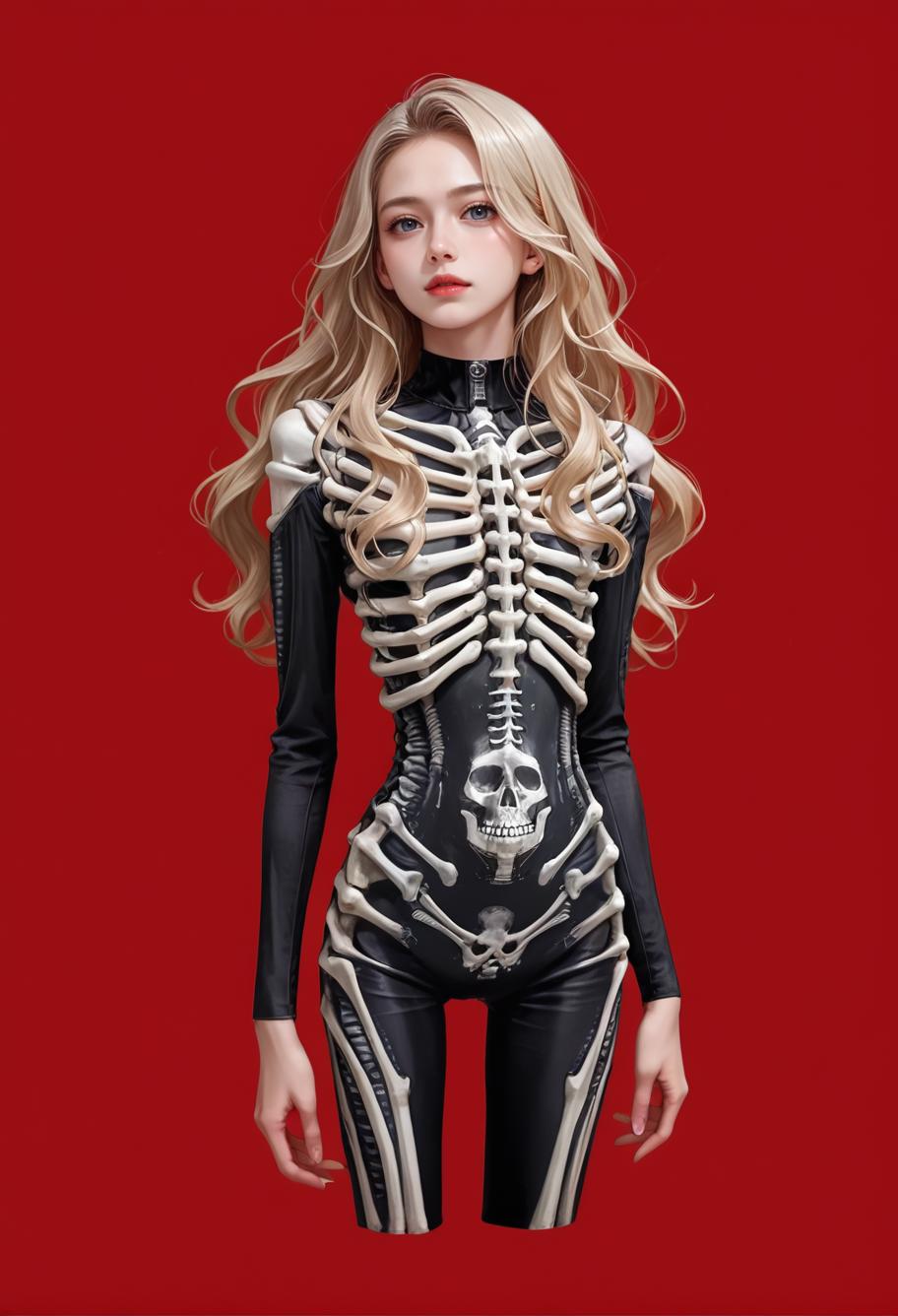 1girl,red background,,ruanyi1917,black bodysuit,skeleton,ribs,<lora:1917 skeleton jumpsuit_v1_pony:1>, score_9,score_8_up,score_7_up,,8k,1girl,solo,,, blonde hair,long hair,wavy hair,