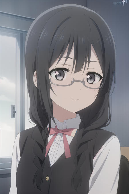 <lora:Nakagawa_nana-000015:0.6> grey eyes,Braid hair,black hair,glasses,(),(animated)detailed eyes,happy