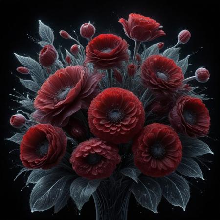 illustrate an intricate floral arrangement bursting with life against a stark black background, focus on detailed petals of deep reds, each stroke adding depth and realism to flowers, flowers should appear luminous, with dewdrops accenting their edges, giving a fresh and serene vibe, overall composition should balance vibrant life of flowers with void-like darkness, creating a striking contrast
