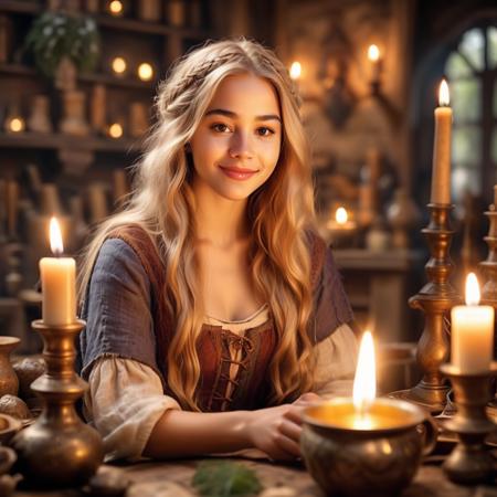 highly detailed documentary photo of herbalist,

1girl, solo, long hair, looking at viewer, smile, blonde hair, indoors, blurry, cup, lips, depth of field, blurry background, ring, realistic, candle, pov across table,

medieval shop,

masterpiece, best quality:1.1, 

ultra photoreal,
photorealistic:1.0, 
sharp focus:1.1, 
depth of field:1.1, 
god rays:1.4,

50mm, style of Nathan Wirth, Hasselblad X1D II, Porta 160,
