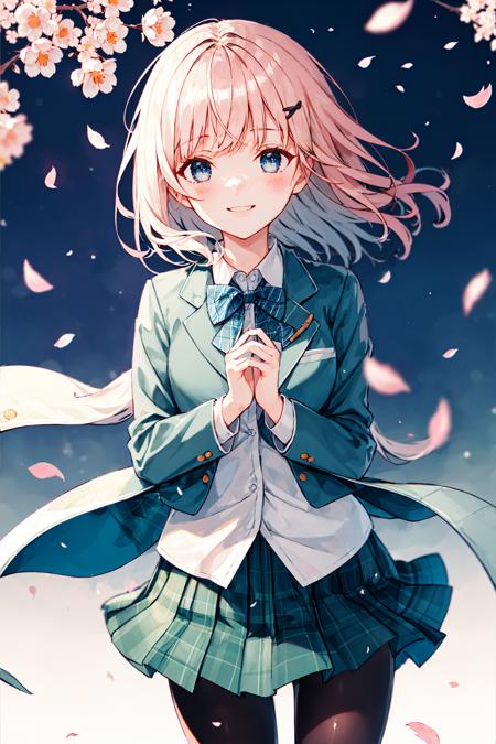 1girl, cherry_blossoms, confetti, falling_petals, graduation, hanami, leaves_in_wind, petals, petals_on_liquid, rose_petals, spring_\(season\), falling_leaves, wind, skirt, plaid, solo, short_hair, school_uniform, pantyhose, jacket, plaid_skirt, love_letter, hair_ornament, streamers, hairclip, pleated_skirt, blazer, blush, party_popper, flower, bangs, motion_blur, ginkgo_leaf, wind_lift, tube, white_shirt, smile, bow, black_legwear, looking_at_viewer, pink_flower, closed_mouth, open_window, bowtie, eyebrows_visible_through_hair, own_hands_together, blue_jacket, shirt, shards, long_sleeves, cowboy_shot, standing, green_skirt, collared_shirt <lora:style_Hiten_3.0:0.7>