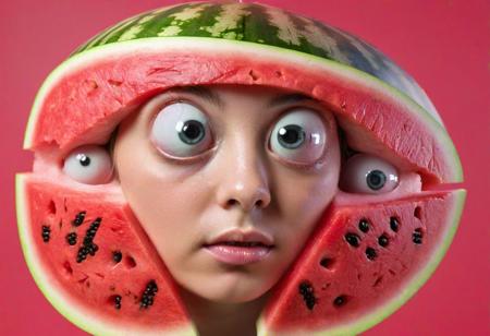 A female watermelon-human hybrid with embedded electronics, giant cartoonish eyes starring into camera,