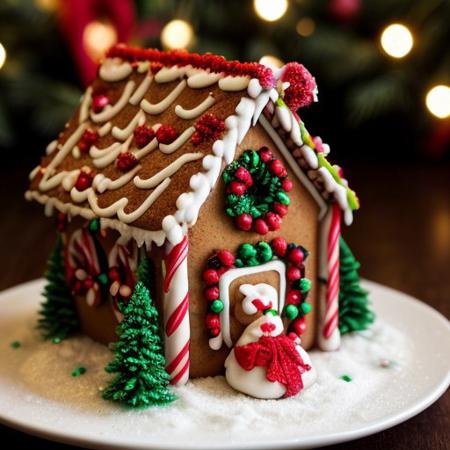 Christmas Gingerbread House: A beautifully decorated gingerbread house with colorful icing, gumdrops, candy canes, and powdered sugar resembling snow. The house is set on a snowy table, surrounded by miniature Christmas trees and festive ornaments.