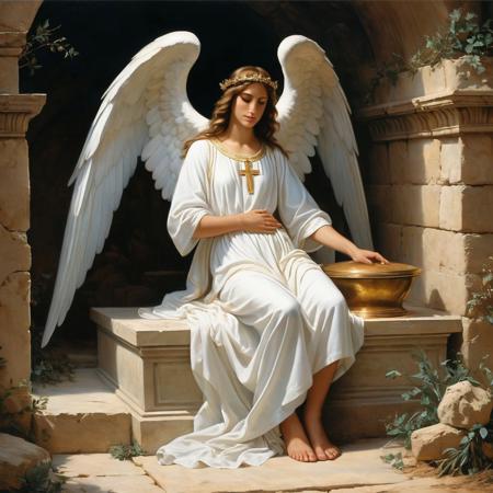 Painting Gorgeous beautiful pretty guardian angel guarding Jesus christ buried tomb