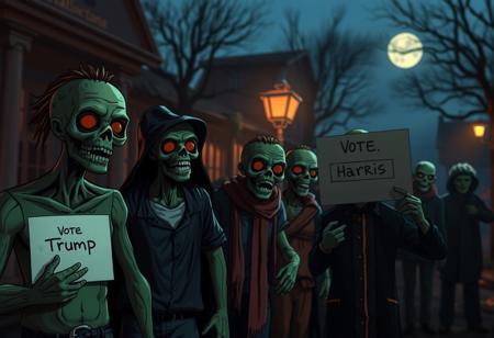 A small group of zombies queuing up to vote, its a dark Halloween evening, there are two options on the ballot, one is labelled 'Trump', one is labelled 'harris'