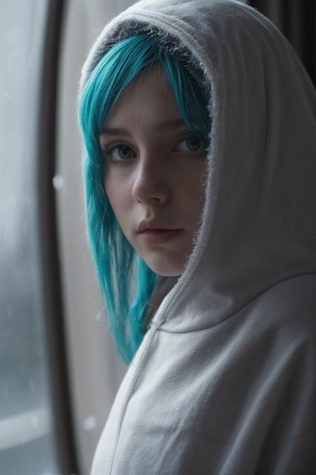 macro shot of a ghostly female silhouette, messenger of ice, frozen armor,  canvas hood, elements, ice from inside, neon blue hair, cinematic still, movie screencap, dynamic angle, 100mm f/2.8 macro lens, hard shadows, <lora:glowneon_xl_v1:1>,  <lora:more_details:0.8>