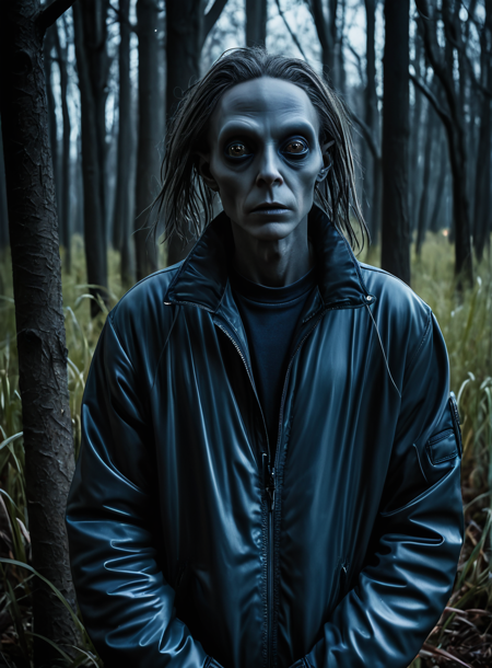 photorealistic image of a cold, dark night, viewed outside, in a shadowy forest backyard, an alien figure stands, looking at the viewer The alien has glossy gray skin, an elongated head, and large, glossy black eyes, thin arms and delicate fingers hanging loosely by its sides. The ground is covered in a mix of grass and scattered dry leaves, and in the background, against the deep blue, overcast sky. The bare branches of the trees create a web-like pattern against the sky, adding to the eerie atmosphere. The overall mood is tense and unsettling, as if the alien is watching or waiting in the stillness of the night. alien, (score_9,score_8_up,score_7_up) (8k, RAW photo, highest quality, best quality, masterpiece, ultra-detailed, hires, absurdres, sharp focus), (photorealistic, hyper-realistic)