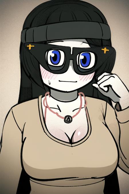 <lora:SoytanV1:0.7> soytan, black hair, necklace, medium length hair, head bend, glasses, pale skin, blue eyes, anime stlye, masterpiece , 1girl, adult , large breasts, upper body