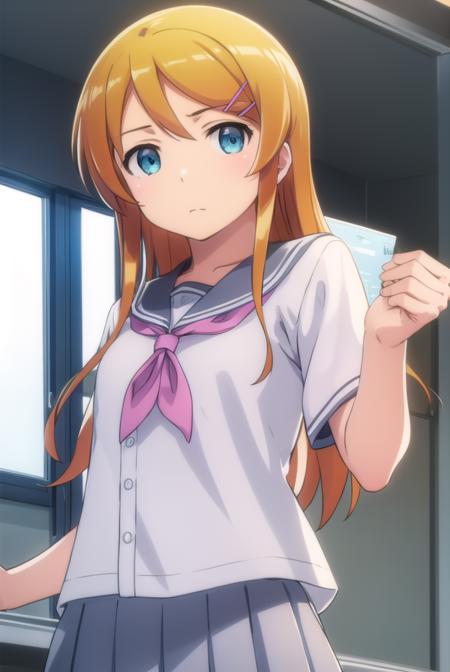 kirinokousaka, <lora:kirino kousaka s2-lora-nochekaiser:1>,
kirino kousaka, long hair, blue eyes, hair ornament, hairclip, orange hair, aqua eyes,
BREAK skirt, school uniform, serafuku, shirt, white shirt, grey sailor collar, grey skirt, pleated skirt, neckerchief, pink neckerchief,
BREAK indoors, classroom,
BREAK looking at viewer, (cowboy shot:1.5),
BREAK <lyco:GoodHands-beta2:1>, (masterpiece:1.2), best quality, high resolution, unity 8k wallpaper, (illustration:0.8), (beautiful detailed eyes:1.6), extremely detailed face, perfect lighting, extremely detailed CG, (perfect hands, perfect anatomy),