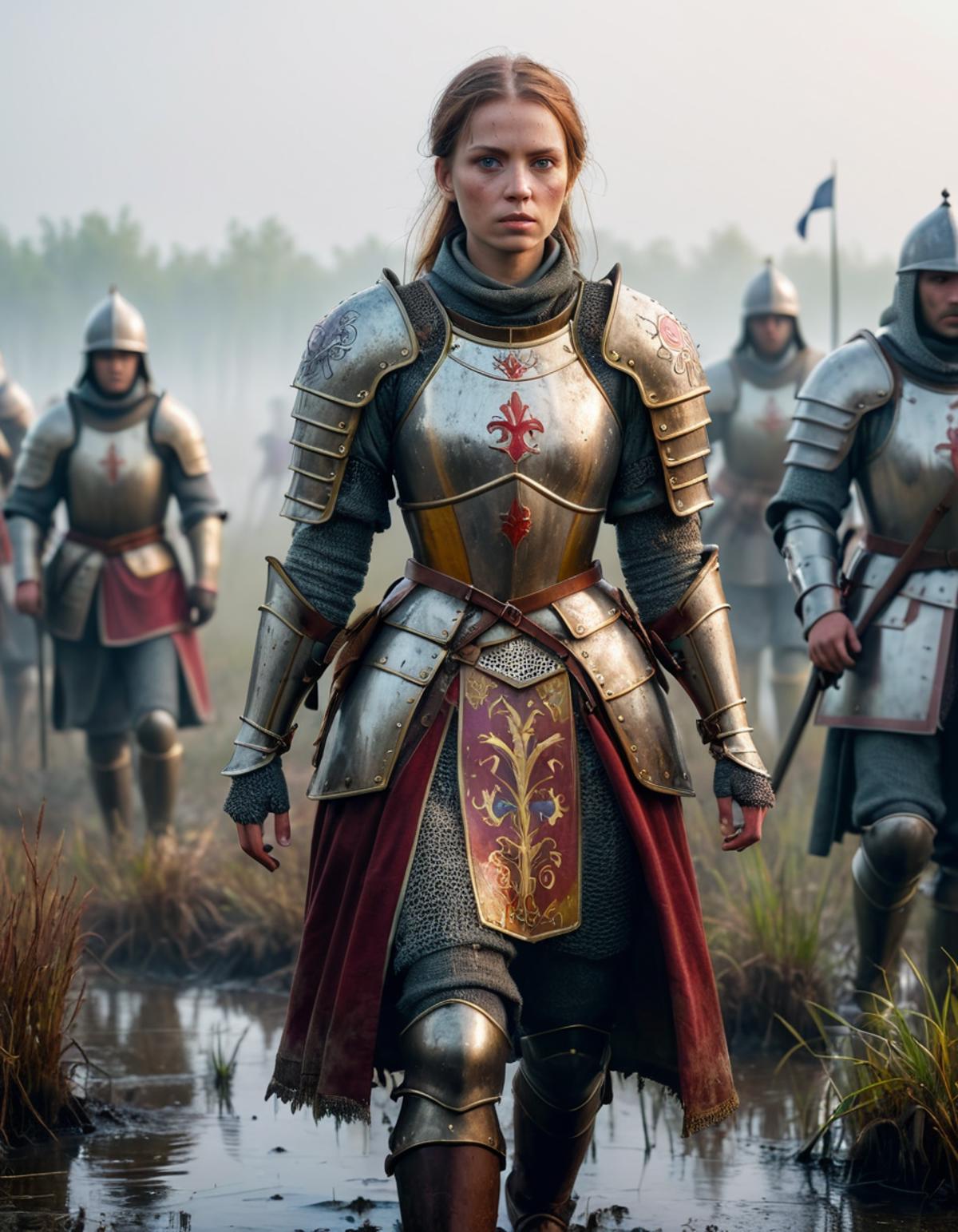 A woman in medieval armor walks with knights in a field.