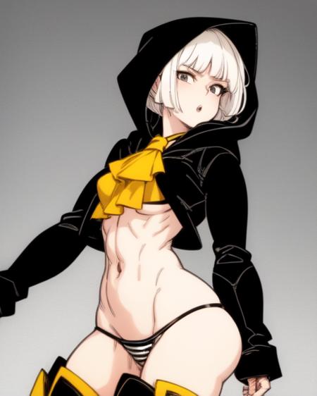 <lora:BaalBuddyStyle:1.2>
(solo)
(1girl),upper body,((long)(Bob cut) hair) wearing (hood, bottomless, thigh boots, ascot, striped legwear, black panties)