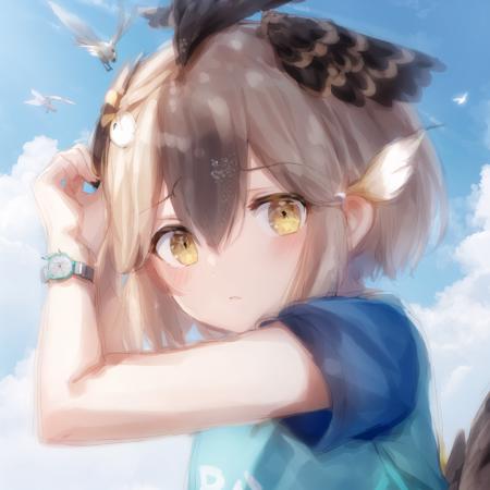 kusomeepchan, 1girl, ((solo)), shirt, beige hair, short sleeves, head wings, bird tail, beige bike shorts, short hair, hair between eyes, aqua t-shirt, shirt writing, bangs, hair tubes, yellow eyes, feather hair ornament, sidelocks, bare arms, watch, detailed shading, detailed ambient light