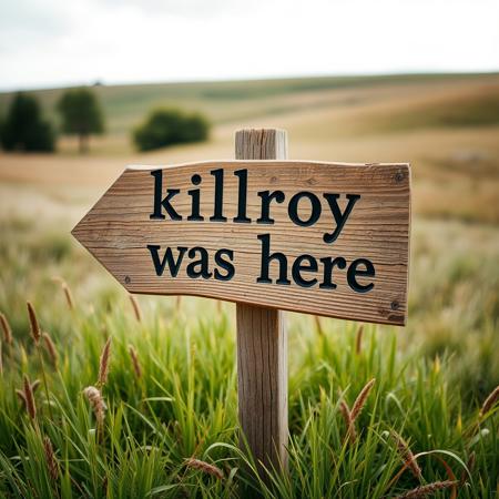 a meadow with a wooden sign with the words "killroy was here"