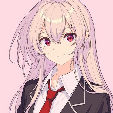 jiaocha, 1girl, solo, red eyes, long hair, necktie, shirt, looking at viewer, collared shirt, purple hair, jacket, simple background, white shirt, closed mouth, smile, hair between eyes, black necktie, brown jacket, upper body, bangs, border, portrait, multicolored hair, brown necktie, red necktie, pink background, reisen udongein inaba, wing collar, white background, eyelashes, ringed eyes, colored eyelashes, black border, sidelocks, black jacket, floating hair, light smile, grey hair, red choker, formal, blonde hair, collar