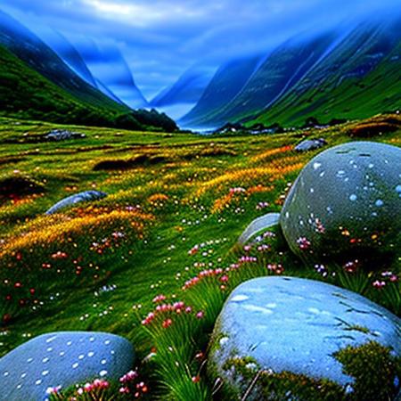 highland scotland landscape background, Clover, bunch grass, Crystals, rocks, crags, clouds and fog