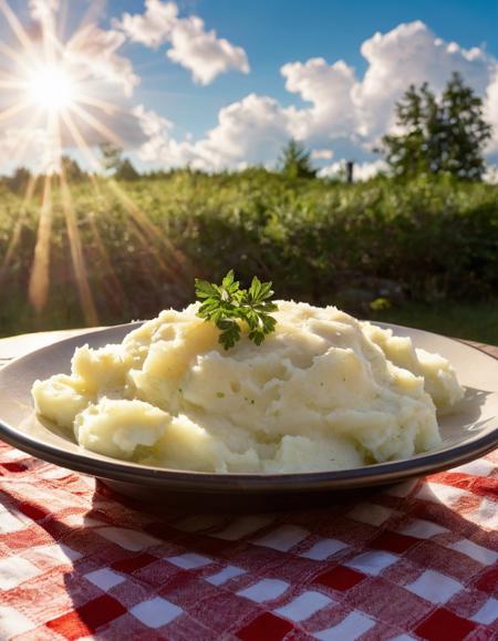 mashed potatoes served on a plate under the bright sun on a hot summer afternoon. The dish is placed on a picnic table, with a few rays of sunlight casting a warm glow on the potatoes. The background features clear skies, a few fluffy clouds, and an inviting, summery atmosphere