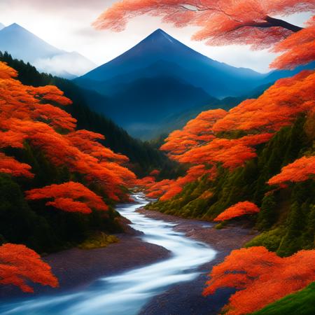 (meijijapan style:1) a river running through a forest next to a mountain <lora:djzMeijiJapanV21_LoraBooth:1>