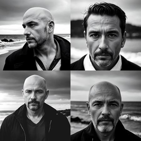 b&w photo of 42 y.o man in black clothes, bald, face, half body, body, high detailed skin, skin pores, coastline, overcast weather, wind, waves, 8k uhd, dslr, soft lighting, high quality, film grain, Fujifilm XT3