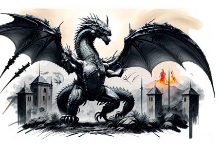 Pencil sketch, intricately detailed, rich shadows, highest resolution, highest quality, 8k UHD, 
best perfect realistic HD ultra HD 4k clear and detailed image, battle knights with a large and fearful fire dragon, nearby castle, weapons swords, crossbows, bows, detailed visualizations of knights, dragon and landscape, detailed depiction of their faces and weapons and armor, and o ...
