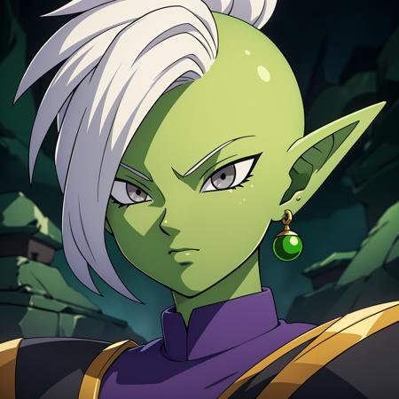 Best_QualityPos, RAW photo, intricate details, best quality, 8k uhd, soft lighting, 1boy, solo, colored skin, green skin, mohawk, white hair, grey eyes, single earring, green earring  <lora:Zamasu:0.6>