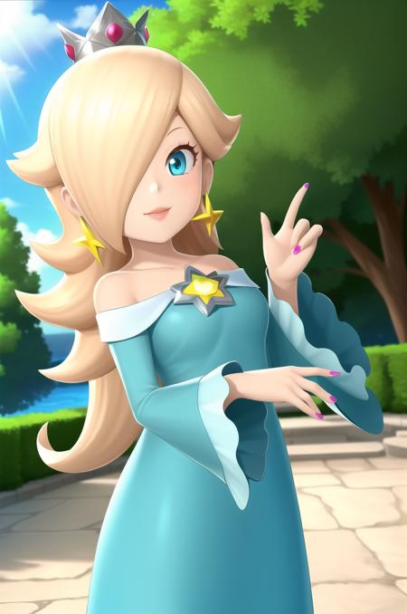 (masterpiece), high quality, (detailed background), 1girl, solo,
<lora:Rosalina-v1-05:0.5>, ChopioRosalina, blonde hair, long hair, curly hair, hair over one eye, blue eyes, lips, eyelashes, earrings, pink nails, (looking at viewer:1.3),
mature female, medium breasts, 
crown, gem,
outfit_1, aqua dress, off-shoulder dress, bare shoulders, star brooch, long sleeves, wide sleeves, frilled sleeves,
outdoors, sunny, light rays, lens flare, depth of field, bokeh,
standing, smile,