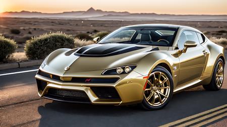 (analog style)+, (masterpiece)+, (Best Quality)+, (Intricate Detail)+, an egyptian inspired modern car in gold and black, action shot on the road,  lens flare, camera artefact, professional photographer, 4k, HDR, longitudinal symmetry, whole car in frame, motion blur