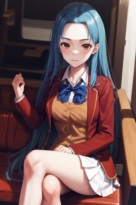 masterpiece, best quality, highres, 1girl haruka hasebe blue hair, school uniform white skirt white skirt red jacket orange vest blue bowtie <lora:haruka_hasebe:1> sitting, crossed legs