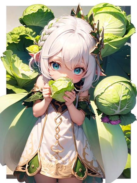 detailed illustration,kusanali, chibi,  dress,white hair, hair ornament, (((holding cabbage))), wrapped in salad leaves, green theme  <lora:nahida14:0.9>