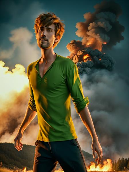 1boy, Shaggy, a man with green shirt, red eyes, spiky hair, brown pants, black shoes, ULTIMAXPOWER_mode, green ghoulish fire, blue shaggy ghost in the background , explosion in the background, masterpiece, highly detailed, 8K, stunning, hdr, (RAW photo:1.2), (photorealistic:1.2),(masterpiece:1.4),  <lora:Shaggy-000012:1>