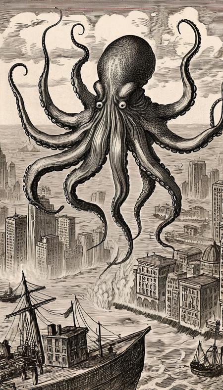 huge octopus squid monster attacking city <lora:vntg-line-art-v2:1> vntg, line-art