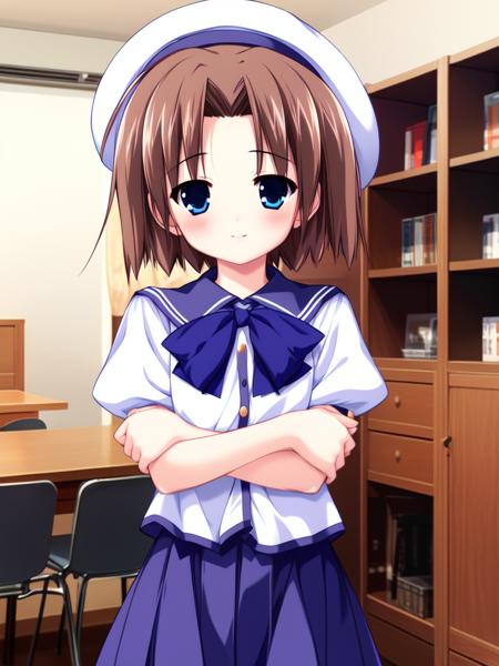 <lora:Shiki_Akimi:0.8> ShikiAkimi, 1girl, solo, hat, blue eyes, skirt, brown hair, crossed arms, short sleeves, bow, school uniform, short hair, cowboy shot, puffy sleeves, shirt, beret, bowtie, puffy short sleeves, pleated skirt, blue bow, white shirt, looking at viewer, blue bowtie, blush, ryuuguu rena, blue skirt, ribbon, schoo in the room, smile,
blush,
masterpiece, high quality, very_high_resolution, large_filesize, full color,