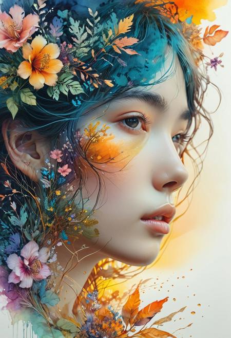 This intricate and complex double exposure close-up features a digital watercolor illustration inspired by the landscapes of sunsets, as envisioned by artists like Waterhouse, Carne Griffiths, Minjae Lee, and Ana Paula Hoppe. The artwork employs a stylized watercolor technique, capturing the intricate contrast and sharp, soft cinematic volumetric lighting. The flowery pastel color palette creates a serene atmosphere, while the wide, long shot composition showcases the perfect masterpiece.
