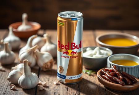 “Advertising photoshoot for a new limited-edition Red Bull can in ‘Bagna Caüda’ flavor, celebrating the flavors of the Piedmont region. The can prominently displays the Red Bull logo, the official Piedmont region logo, and the Torino FC logo as a key sponsor, symbolizing the connection to local culture and sports. The can’s design features earthy tones with subtle illustrations of garlic, anchovies, and olive oil – the key ingredients of bagna càuda. It’s set on a rustic wooden table surrounded by traditional Italian ingredients like garlic cloves, anchovies, and bowls of olive oil and cream, capturing the essence of Piedmont. The lighting is bright but warm, emphasizing both the energizing nature of Red Bull and the rich culinary heritage of Piedmont. All logos – Red Bull, Piedmont, and Torino FC – are clearly visible.”