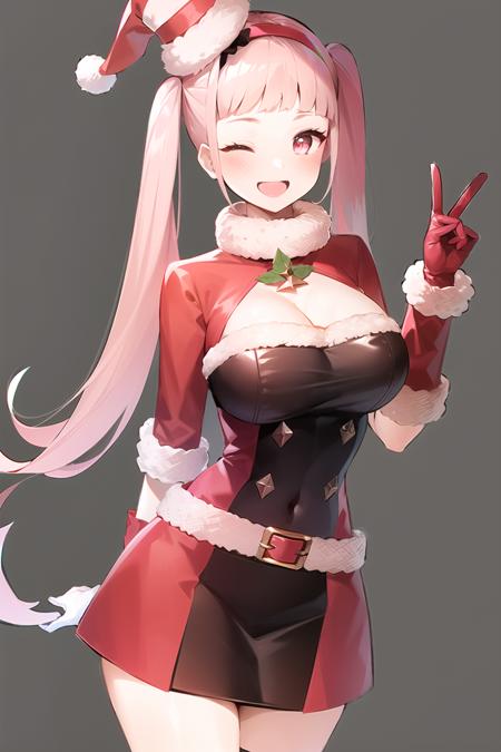 hilda valentine goneril, fire emblem, hilda valentine goneril \(winter\), 
1girl, bangs, belt, blunt bangs, blush, bodice, breasts, candy, candy cane, christmas, cleavage, clothing cutout, dress, food, fur-trimmed gloves, fur-trimmed headwear, fur-trimmed sleeves, fur collar, fur trim, gloves, grey background, hairband, hat, holding, holding candy, holding candy cane, holding food, index finger raised, large breasts, long hair, long sleeves, looking at viewer, mini hat, official alternate costume, one eye closed, open mouth, pink belt, pink hair, red dress, red hairband, red headwear, santa costume, shoulder cutout, simple background, smile, solo, twintails, very long hair, white gloves, 

((masterpiece))

<lora:hilda_valentine_goneril:0.7>