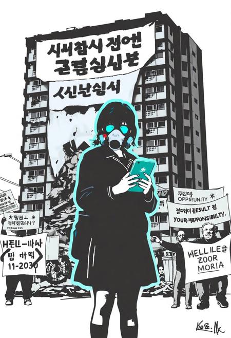 JNANX,luminous white silhouette,cyan glow,emerald highlights,flickering outline,dreamlike movement,
A Banksy-style stencil graffiti artwork. A Korean high school student wearing a school uniform and a gas mask stands in front of a collapsing apartment building with a huge banner reading: "Cheong-yak dae-gi 10-nyeon"). She holds a smartphone showing a cryptocurrency chart, ignoring a homeless elderly man reaching toward her. Behind them, protest banners say: "Hell Joseon 2030" and "Equal opportunity, but the result is your responsibility". The entire image is grayscale, except for the glowing phone screen in red and green. Bold, satirical, politically and socially critical.