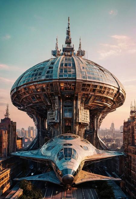 Visualize a futuristic spaceship, symbolizing online community in the style of incorporate elements that evoke a sense of building with a large spaceship complex, elegant, expansive, fantastical, film photography style, heavy grain