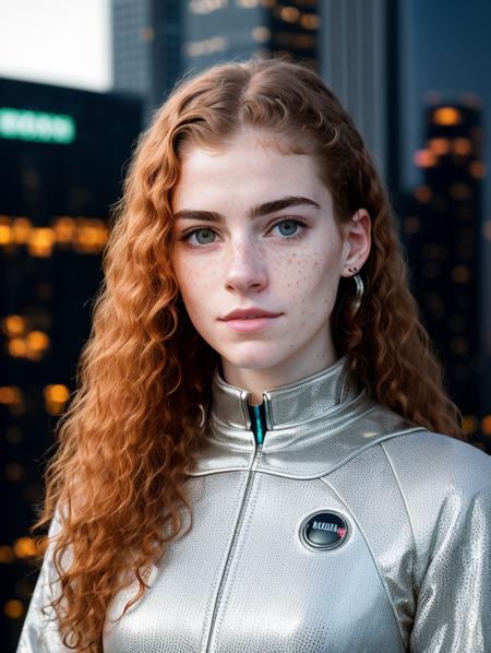 a portrait photo of jane_noexist, (freckles:0.9), futuristic cyber cityscape