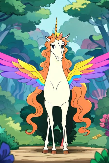 a unicorn with a rainbow wings and long orange hair, standing near a forest