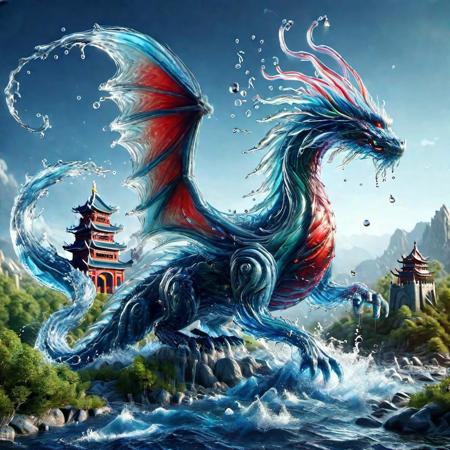 photo realistic, hyper detailed 8k A (((huge))) dragon made out of water, and fire with ((red and green scales:1.3)) with deep blue wings ((flying over a chinese castle:1.2)),   watce, bubbles, high contrast, hdr