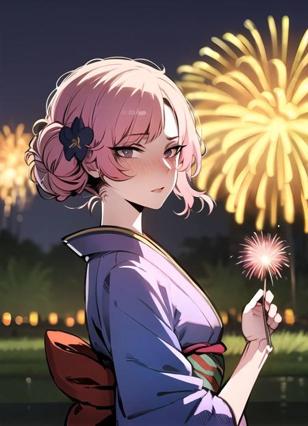 masterpiece,1girl, ratatatat74_style, <lora:ratatatat74-32:1>  , solo, detailed background,
kimono, hair flower, hair bun, pink hair,fireworks, night, outdoors, blush, detailed shadows