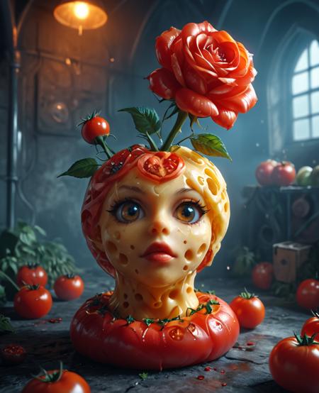 A realistic picture of a rose made entirely of cheese and tomatoes mobe-tomamph, <lora:T0m4t0M0rph:0.35>, cheese style <lora:Cheese_Style:0.65>, in a dark gothic and inflatable setting, funny, cute, absurd, crazy, masterpiece, absurdres, vibrant, dynamic angle, dynamic pose, industrial light, highly detailed, scenery, no humans, dark gothic, dark fantasy, gothic, mobe-godeen <lora:GothicDetailEnhancerV1:0.45>, <lora:MJ52:0.65>,