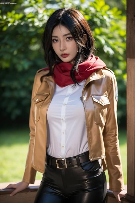 girl,mikasa ackerman,scarf,solo,jacket,black hair,paradis military uniform,short hair,red scarf,emblem,belt,hair between eyes,three-dimensional maneuver gear,thigh strap,boots,pants,brown jacket,long sleeves,outdoors,open clothes,survey corps,open jacket,white pants,best quality,masterpiece,illustration,an extremely delicate and beautiful,CG,unity,8k wallpaper,Amazing,finely detail,masterpiece,official art,extremely detailed CG unity 8k wallpaper,incredibly absurdres,huge filesize,ultra-detailed,highres,extremely detailed,beautiful detailed girl,realistic,full frontal,light contrast,<lora:Mikasa Ackerman_20231117034021:0.6>,<lora:ZOE_20230707035042:0.8>,