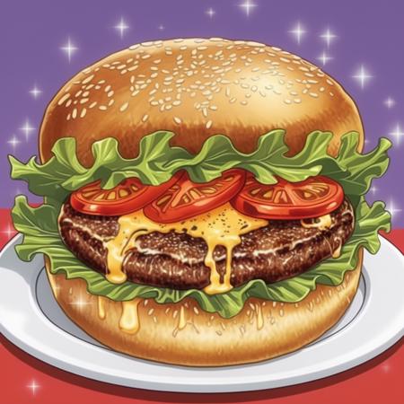 For a cartoon-style image of a classic beef hamburger: 'A whimsically illustrated, oversized beef hamburger in a vibrant, cartoonish style. The burger features a juicy, thick beef patty at its heart, topped with melting cheese, crisp lettuce, bright red tomato slices, and glistening pickles. The soft, sesame-seeded bun looks fluffy and slightly toasted. The ingredients are exaggerated in size and color, with playful, bold outlines and a cheerful, inviting appearance. The background is simple and colorful, emphasizing the delightful, mouth-watering burger.,  <lora:Shokugeki_food:0.85>