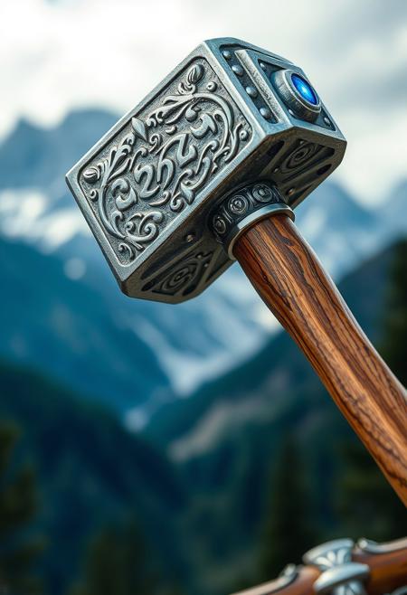 A fabulous Dwarven war hammer, bluish highlights sparking within its silver head, with arcane dwarven symbols etched into its side. It has a long highly polished oak haft with an intricate silver pommel, the rich grain showing through and elaborate scrollwork along its length. mountain panorama background, bokeh background