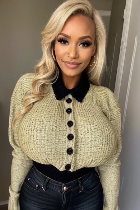 <lora:Sp1r1tu4lB1mb0_v1:0@1, 0.8@1, 1.0@0>,  photo, high resolution, high quality, (black african) with blonde hair Sp1r1tu4lB1mb0 woman in jeans and long winter sweater with collar covering her whole body, looking at the viewer, big breasts