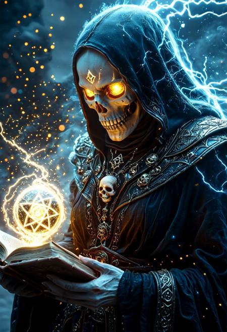 Skull mage, raw photo,holding a spellbook,glowing_eye,the mysterious hexagram,furious energy,Angry,detailed eyes,powerful electric thunder ball spells,spellbook,magic,sparkly,cinematic,atmospheric,amazing spaceship fantasy setting,epic,HKMAGIC,action pose,<lora:Fantasy_Wizard__Witches_SDXL:0.8>,<lora:zavy-cntrst-sdxl:1>,dark,chiaroscuro,low-key,luminous neon lights,luminescence,