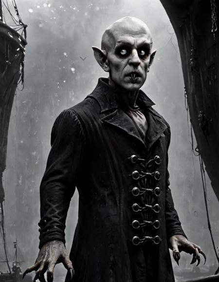 UHD, 8K, ultra detailed, a cinematic photograph of cinematic film still of, beautiful lighting, great composition, Nosferatu a man in a pirate costume standing on a boat,solo,1boy,standing,monochrome,greyscale,male focus,claws , Count Orlok, bald head, ((hairless)) white skin, pale skin, vampire, handslora, realistic, realism, photorealism, hyperrealism, hyperrealistic, realistic, sharp, detailed, cinematography style, film light style, movie still, professional photography, artistic, perfection, contrast, cinematic, filmic, high quality photo, 8k quality, colorful, photography style, horror style, shallow depth of field, vignette, highly detailed, high budget, bokeh, cinemascope, moody, epic, gorgeous, film grain, grainy